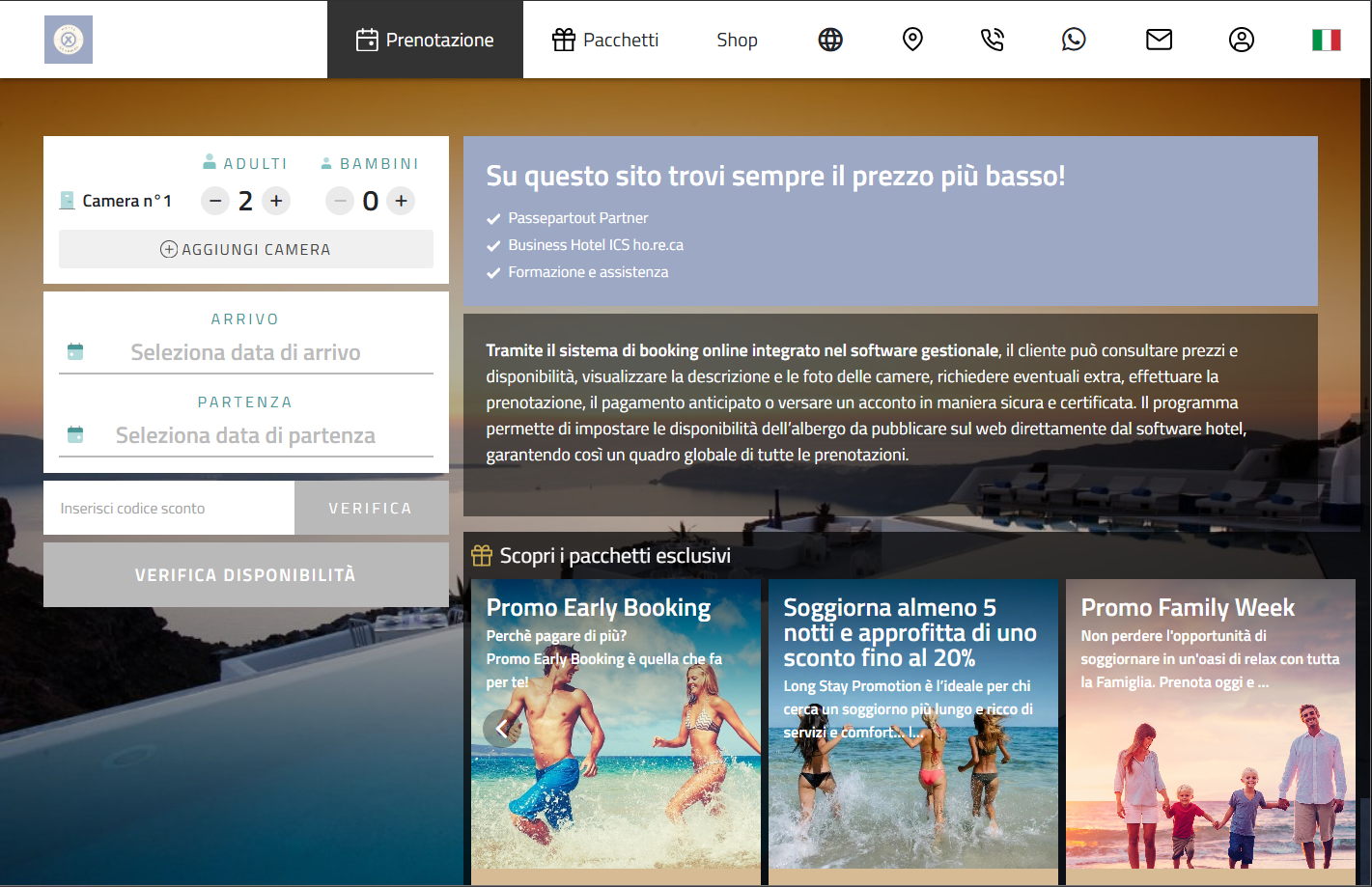 Rappresentazione isometrica di un'interfaccia Booking Engine di Passepartout Welcome Smart Cloud su desktop, con un focus sulla "Ricerca Intuitiva" di date, ospiti e camere disponibili per un hotel.