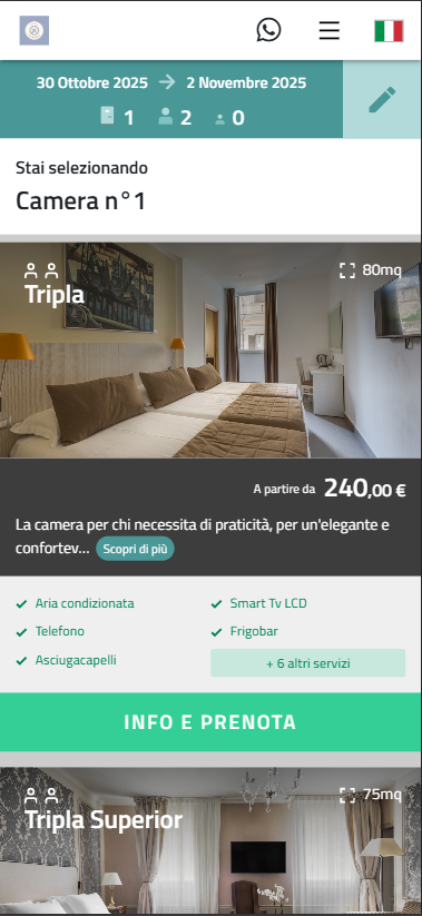 Screenshot di un'interfaccia Booking Engine mobile con lista di offerte e offerte speciali, mostrando la navigazione fluida su smartphone.